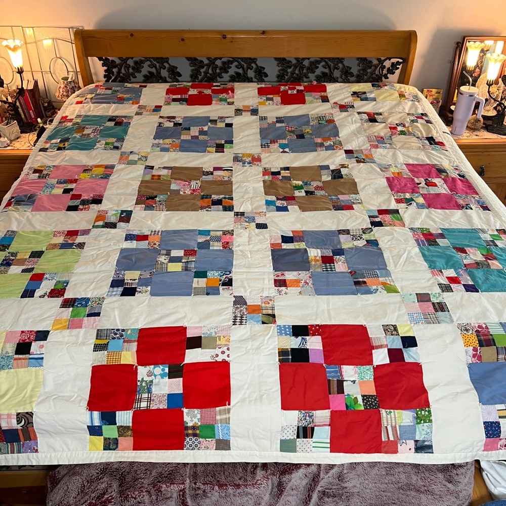 Vintage Handmade Patchwork Quilt Scrappy Multi Color Cotton 90" x 74"
